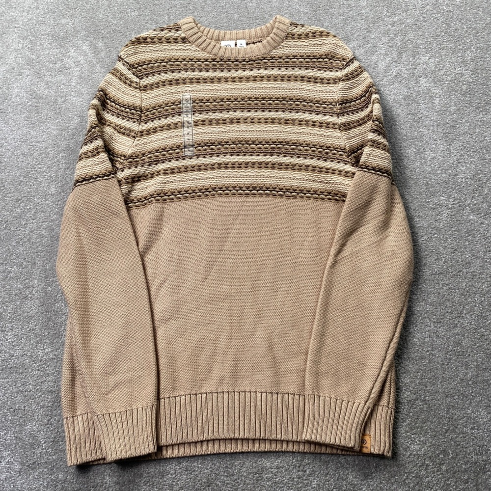 Tentree Striped Textured Knit Sweater Mens Size Medium Tan Brown Crewneck